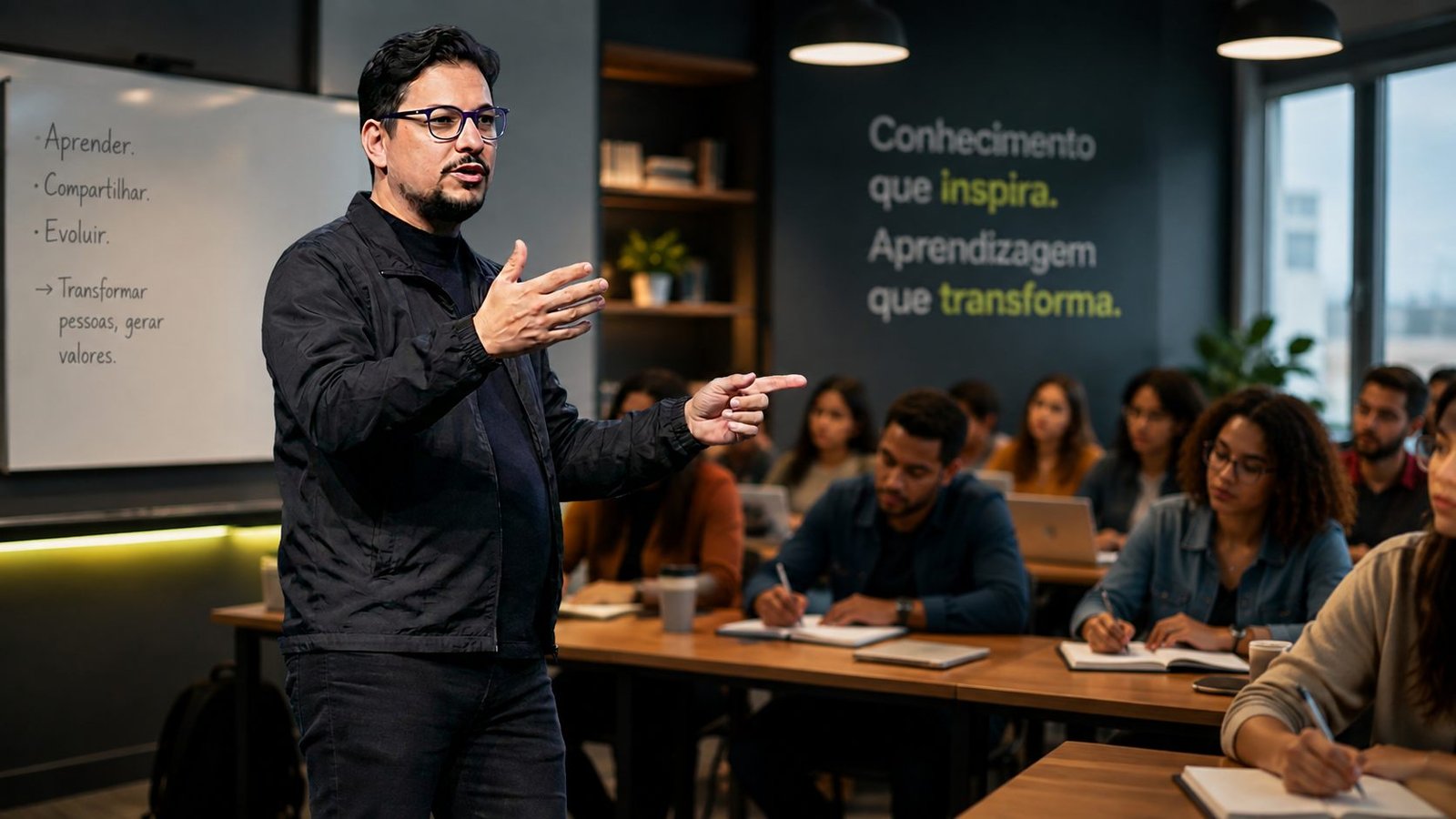 Alexandre Travassos ministrando uma aula, com o quadro atrás listando aprender, compartilhar, evoluir e transformar pessoas.